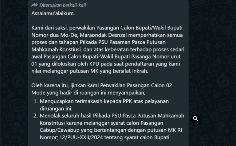 Beredar Pesan WhatsApp: Paslon 02 Mo-De Diduga Tolak Hasil PSU Pilkada Pasaman