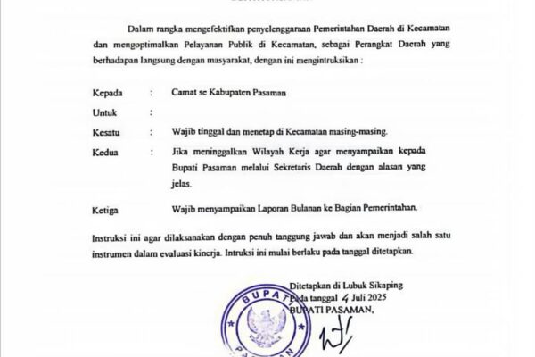 Bupati Pasaman Instruksikan Camat Tinggal di Wilayah Kerja dan Laporkan Kegiatan Bulanan Bupati Pasaman keluarkan instruksi tegas: Camat wajib tinggal di wilayah tugas, lapor bulanan, dan izin jika perluas kerja. Langgar? Siap-siap kena sanksi!