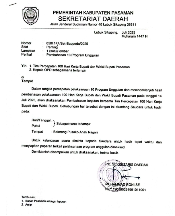 Percepat 10 Program Unggulan 100 Hari Kerja Pemkab Pasaman