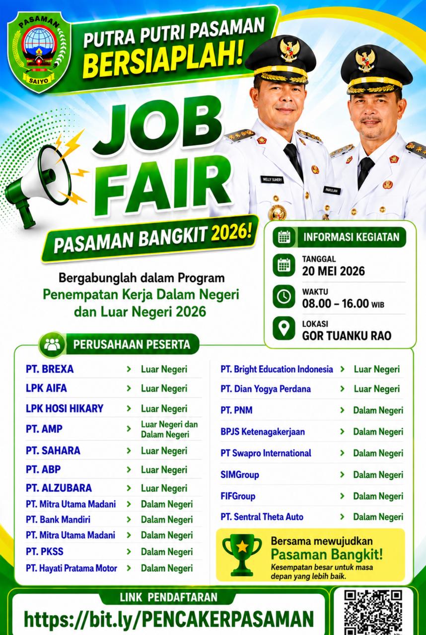 Job Fair Pasaman 2026 menyediakan lebih dari 2.000 lowongan kerja bagi masyarakat