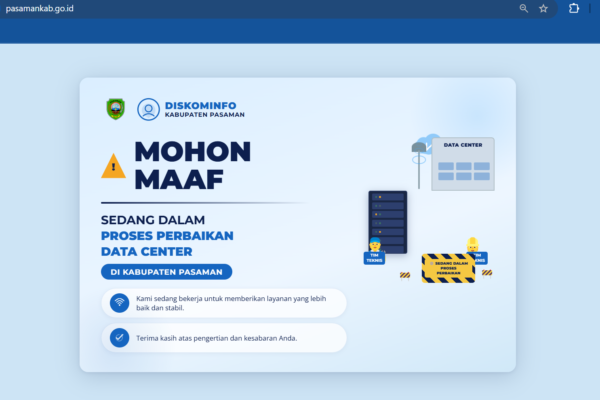 Website resmi Pemerintah Kabupaten Pasaman sedang maintenance untuk perbaikan data center.