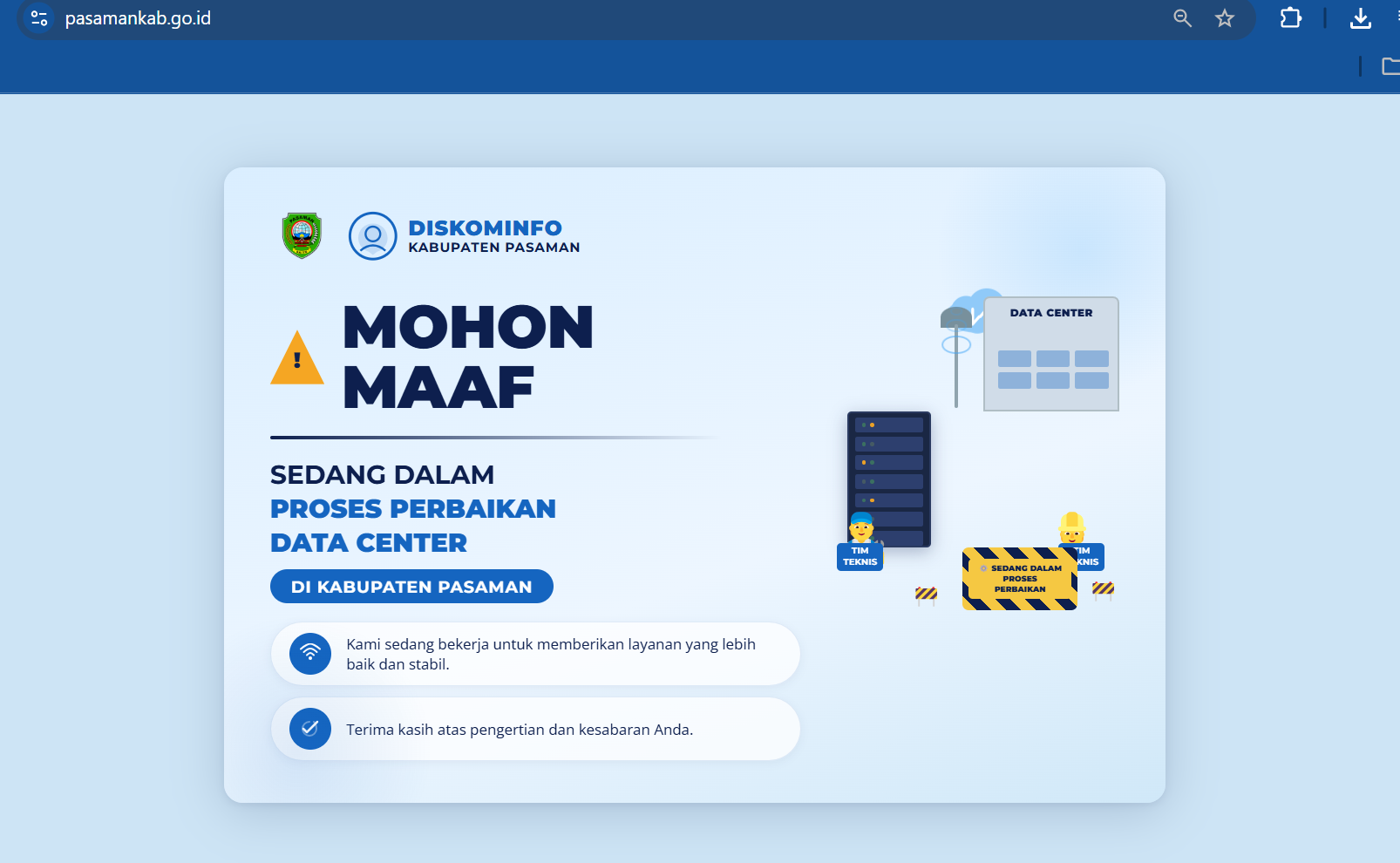 Website resmi Pemerintah Kabupaten Pasaman sedang maintenance untuk perbaikan data center.